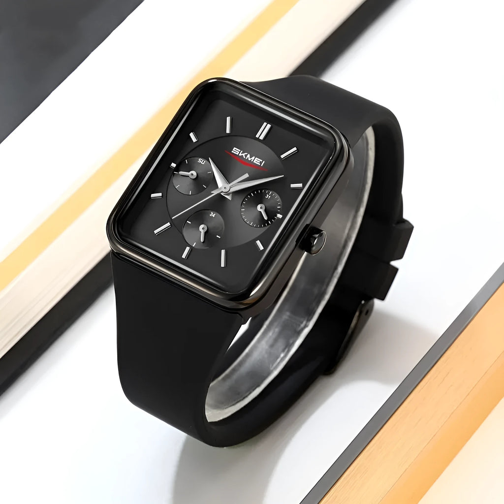 Square silicone waterproof watch for girls showing 10.8mm thickness and colour options