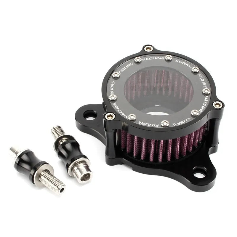 CNC aluminium motorcycle air filter with transparent glass cover for Harley Sportster, black and red filter element options