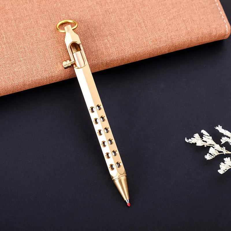 Brass hexagonal bolt pen with 0.5MM refill in natural or black finish measuring 13cm