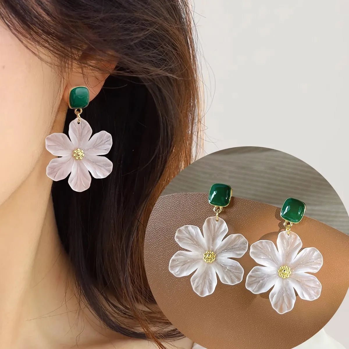 Dark green alloy earrings with needle flower design for women