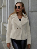 Women's rose red faux fur short coat with regular sleeves and loose fit showing artificial fur texture