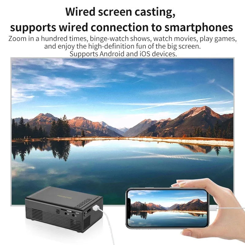 Portable mini projector in black or white colour with mobile phone connection cable