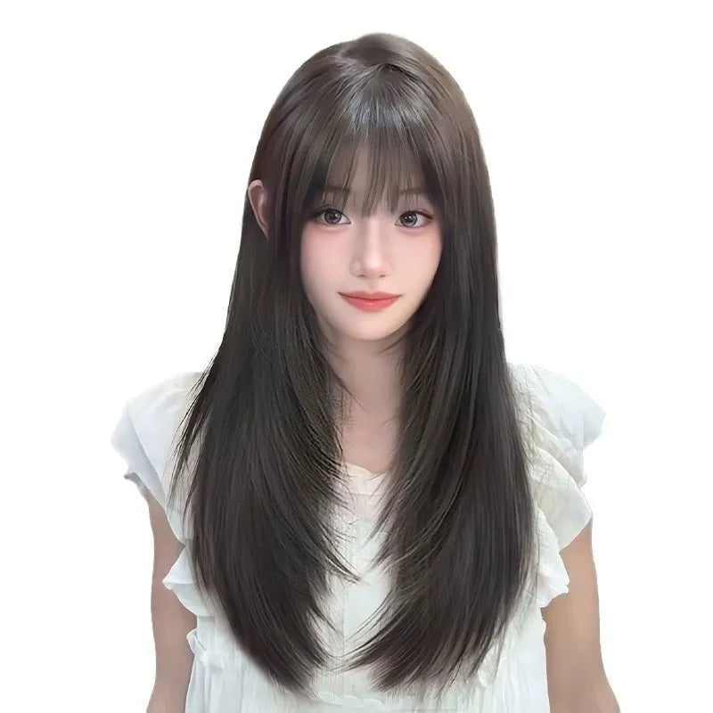 Black long straight high-layered full-head wig on a wear-free hair net base.
