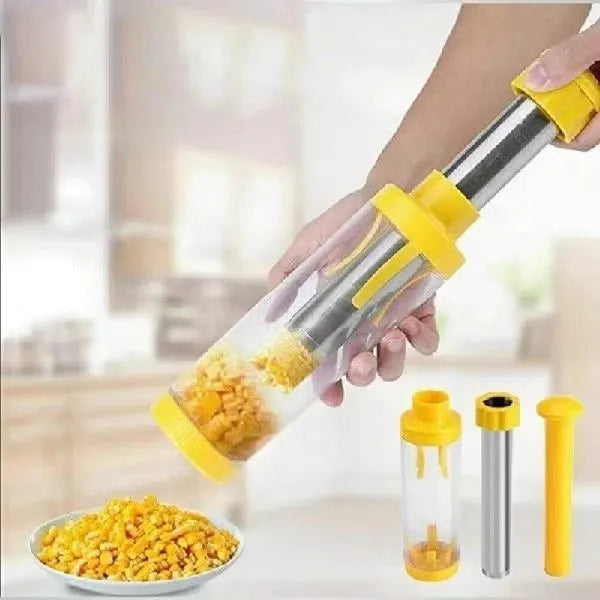 Yellow cylindrical corn stripper tool with stainless steel blades for removing kernels from corn cobs