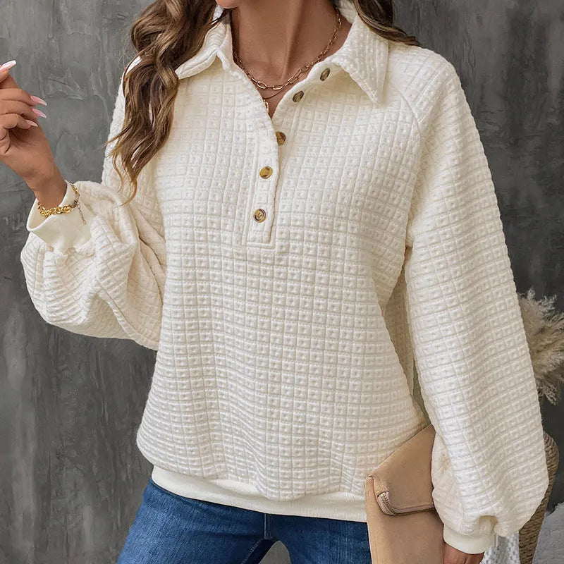 Women's Milky White textured polo collar sweater laid flat, showing long sleeves and thickened knit fabric.
