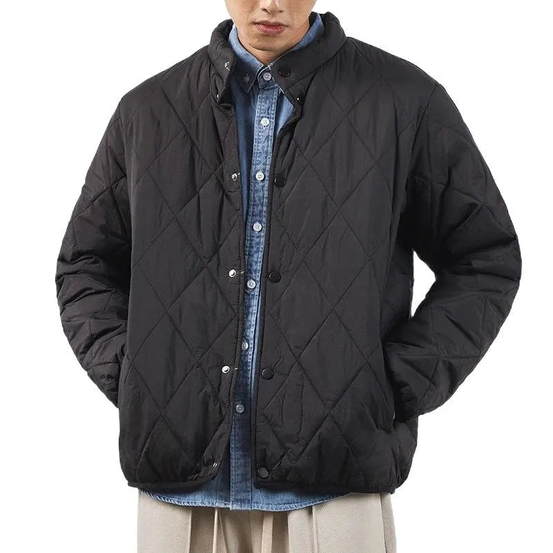 Men's black diamond lattice patterned cotton-padded winter jacket with 100cm length