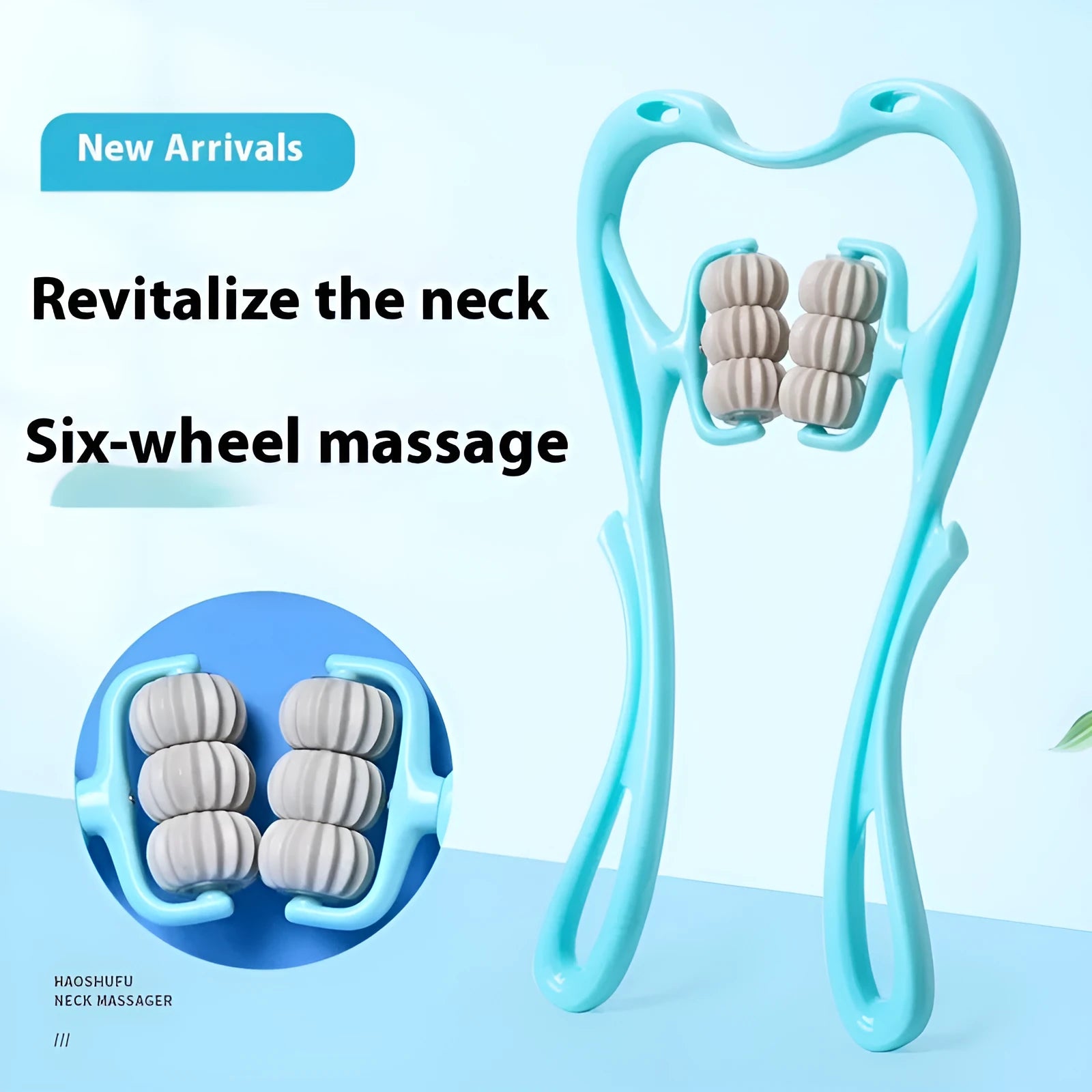 Blue plastic handheld massager with six white wheels for neck, shoulder, and waist.