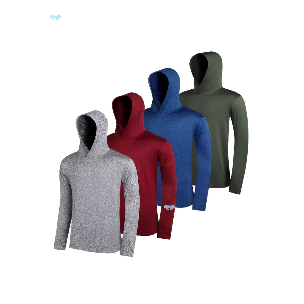 Men's lightweight polyester hoodie four-piece set in multiple colours showing hooded and non-hooded styles.