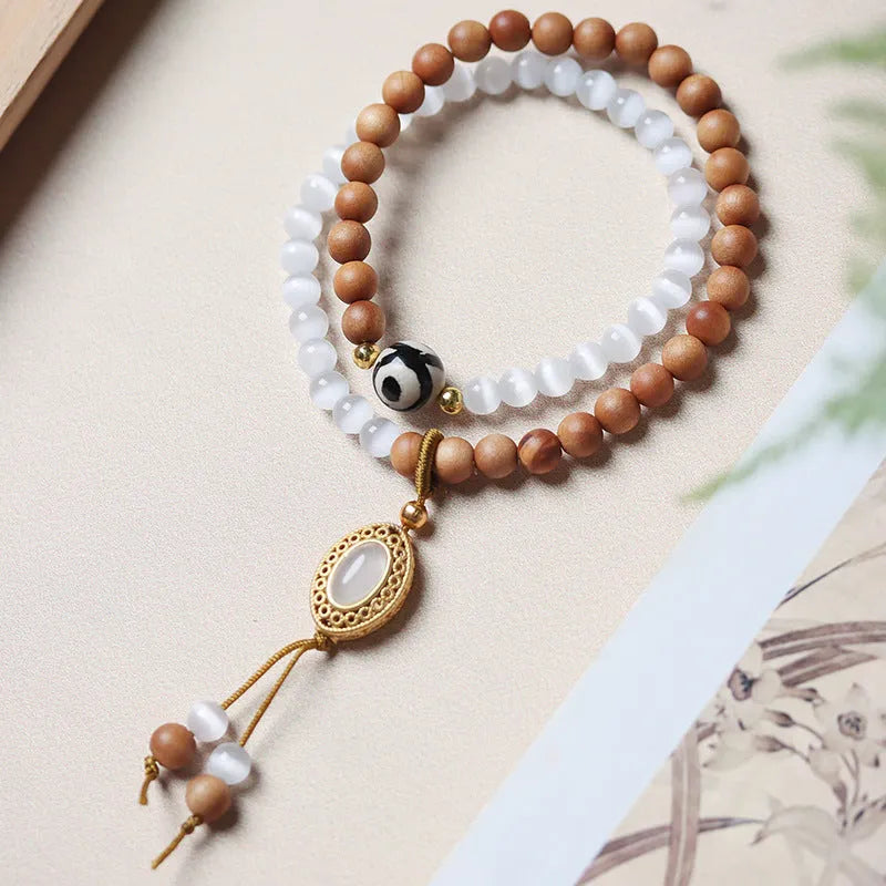 Sandalwood opal double ring bracelet with polished Tibetan beads and retro styling