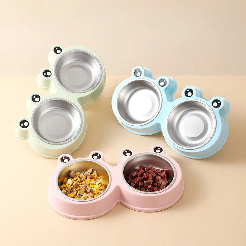 Blue frog-shaped pet double bowl with two stainless steel compartments for food and water