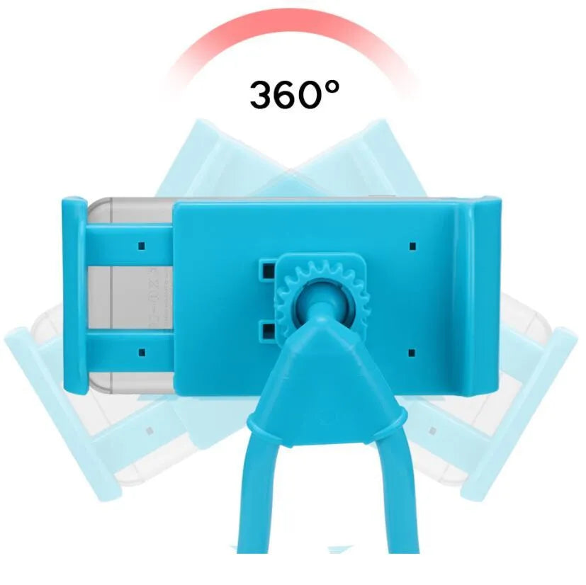 Universal smartphone holder showing 360-degree rotation, compatible with iPhone and Samsung phones, in multiple colours.