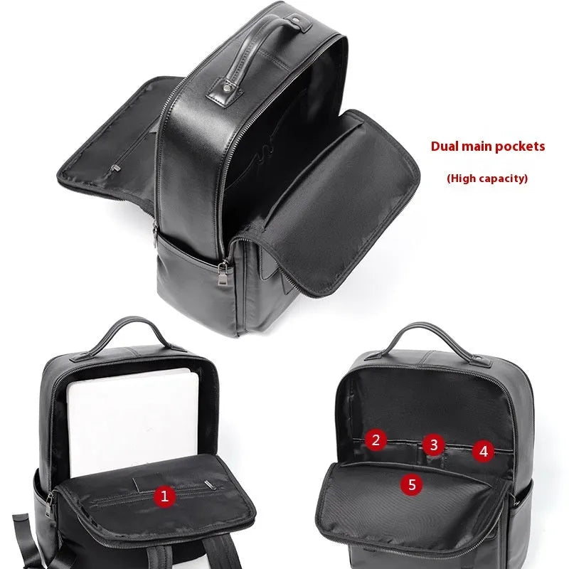Men's large black leather computer backpack with 36-55L capacity for business and travel