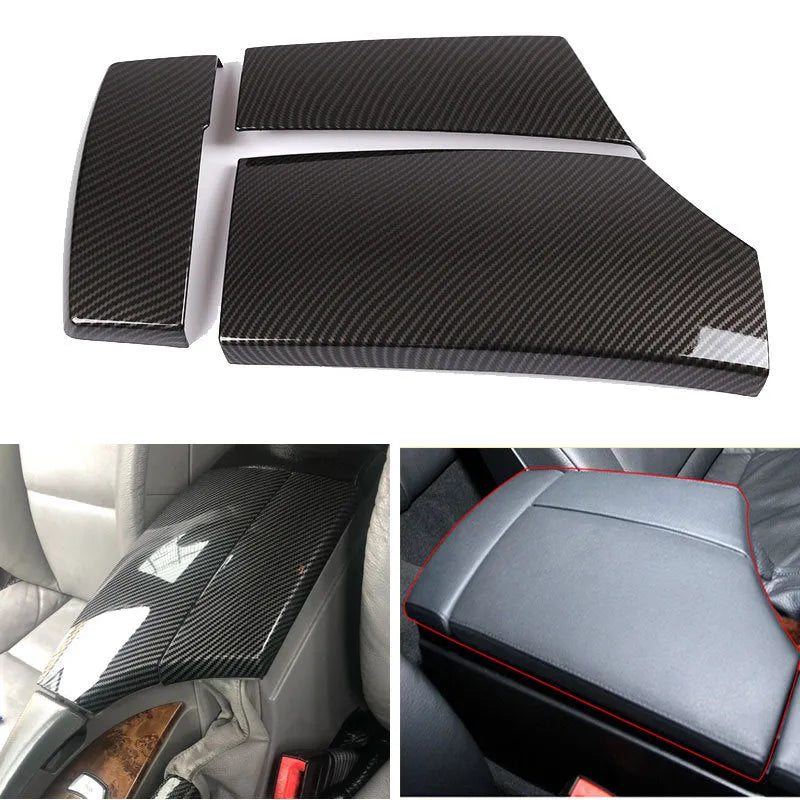 Set of three black ABS plastic armrest box covers with a shiny carbon fibre pattern.