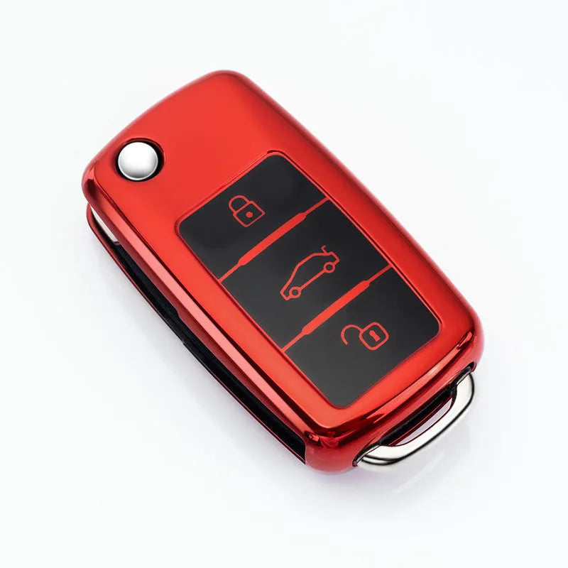 VW Model A folding car key inside a TPU protective case with a metal buckle, shown in blue colour.