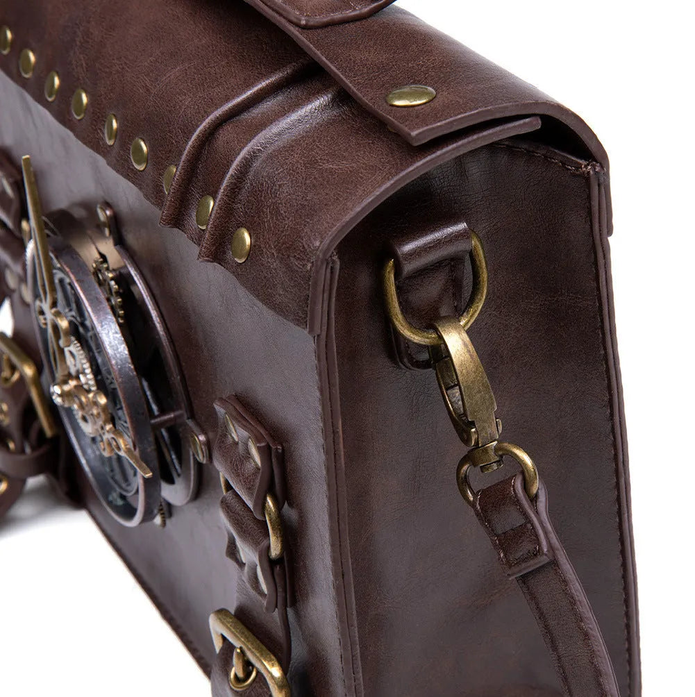 Bronze steampunk industrial retro shoulder bag with pillow shape and metal hardware