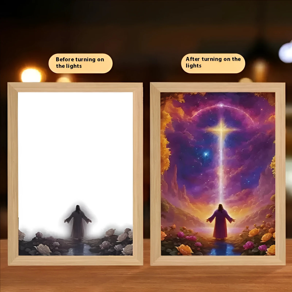 Handmade rectangular LED photo frame displaying a cross redemption garden sea home light painting artwork.