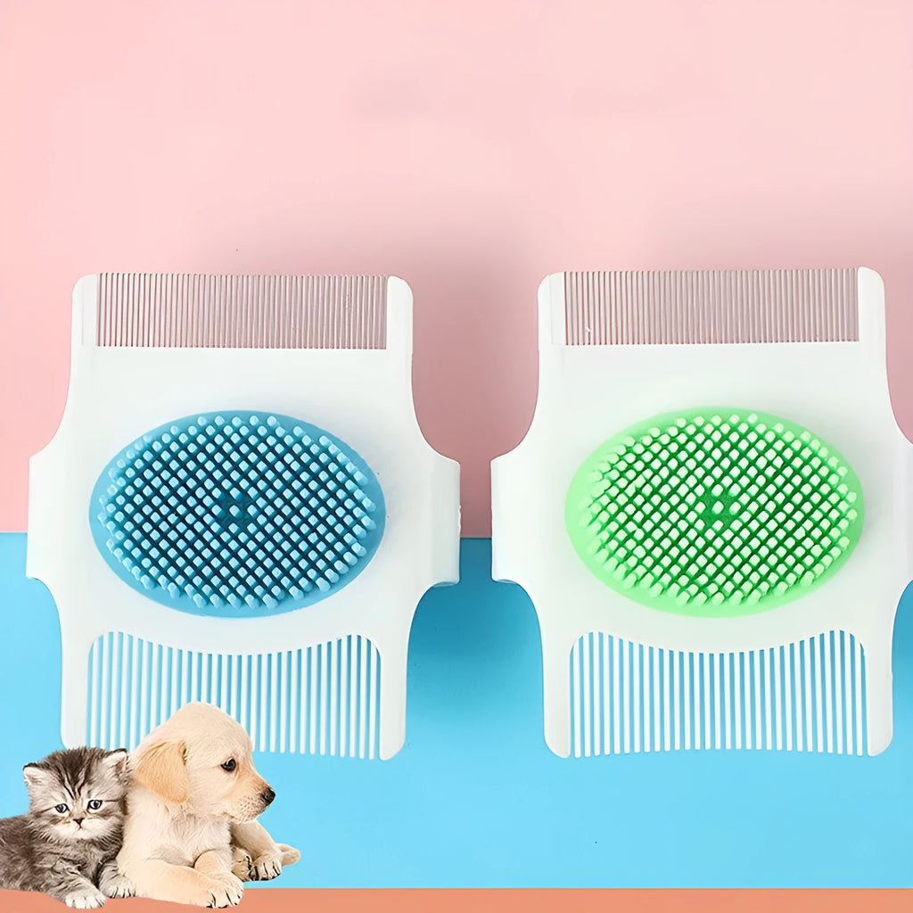 Blue multifunctional pet grooming comb with floating hair removal and massage bristles measuring 8.5cm