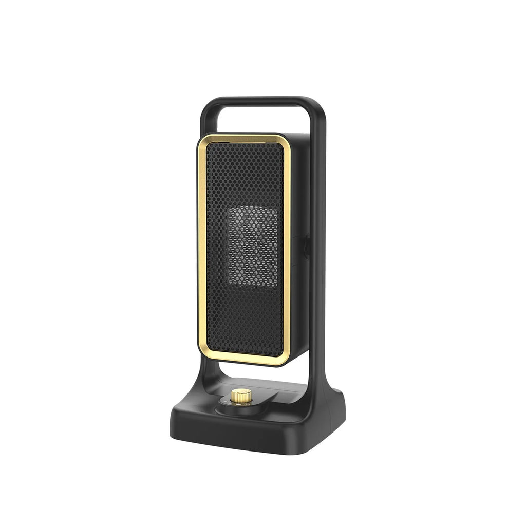 Black desktop PTC ceramic heater with knob control, measuring 14.9x11.1x33.5 cm
