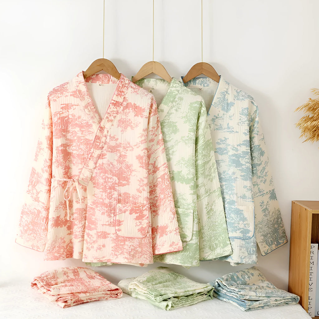 Pure cotton gauze ladies lounge suit with long sleeves and trousers in frosted pine trees colour options