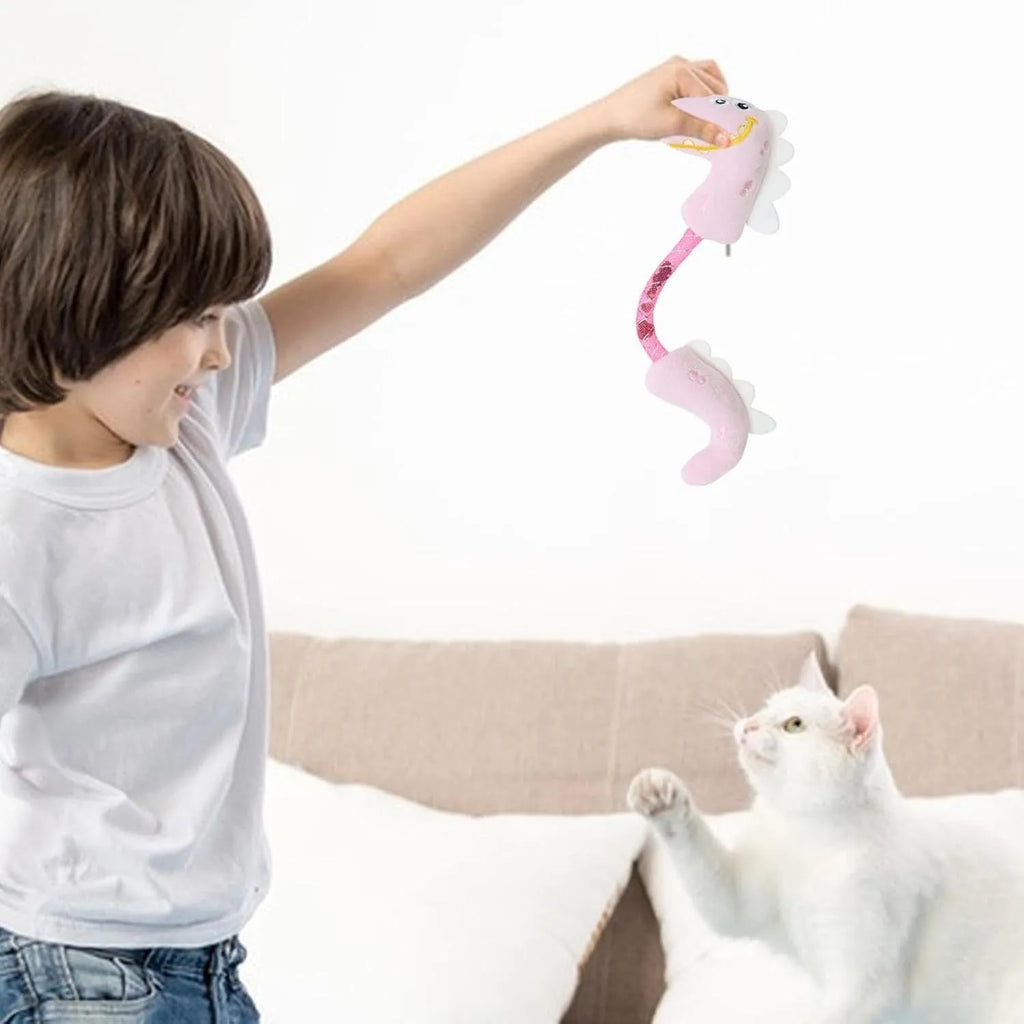Four-piece cat toy set showing a catnip rope, springs, a kicker toy, and plush mouse, fish, and bunny in pink, purple, and yellow.