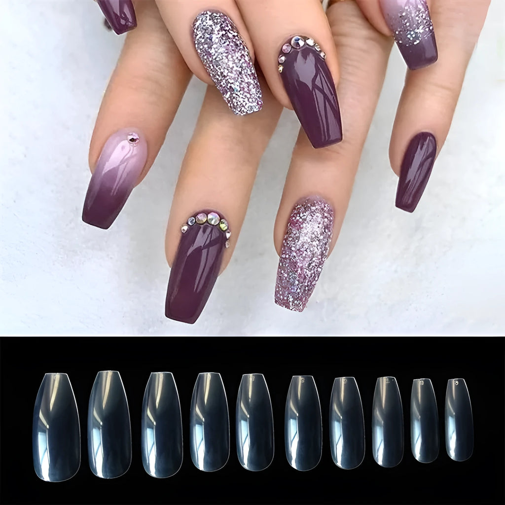 500 transparent false nails in various sizes on a white background, showing clear and natural colour options.
