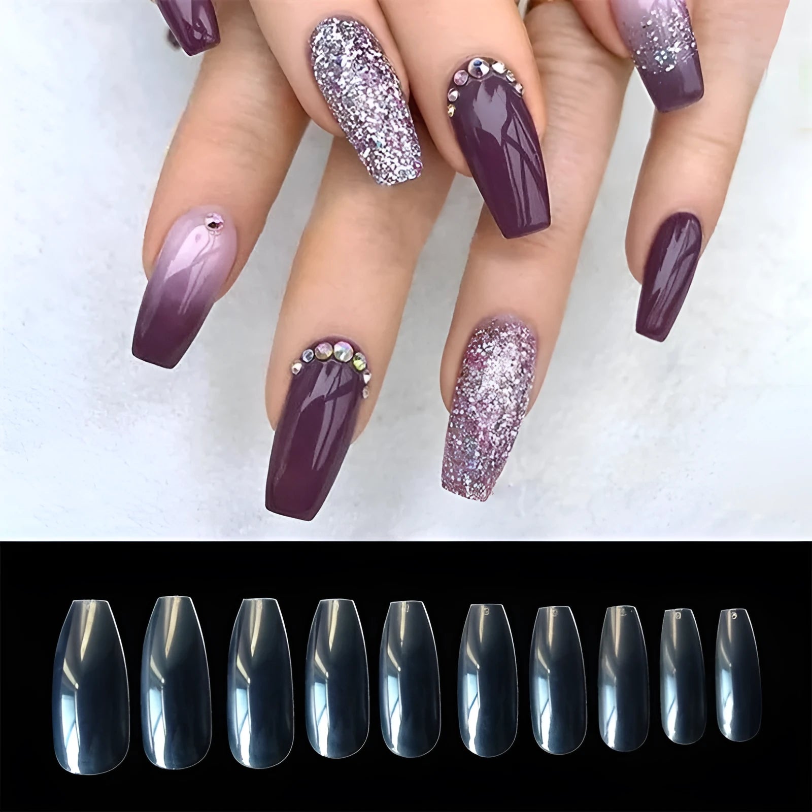 500 transparent false nails in various sizes on a white background, showing clear and natural colour options.