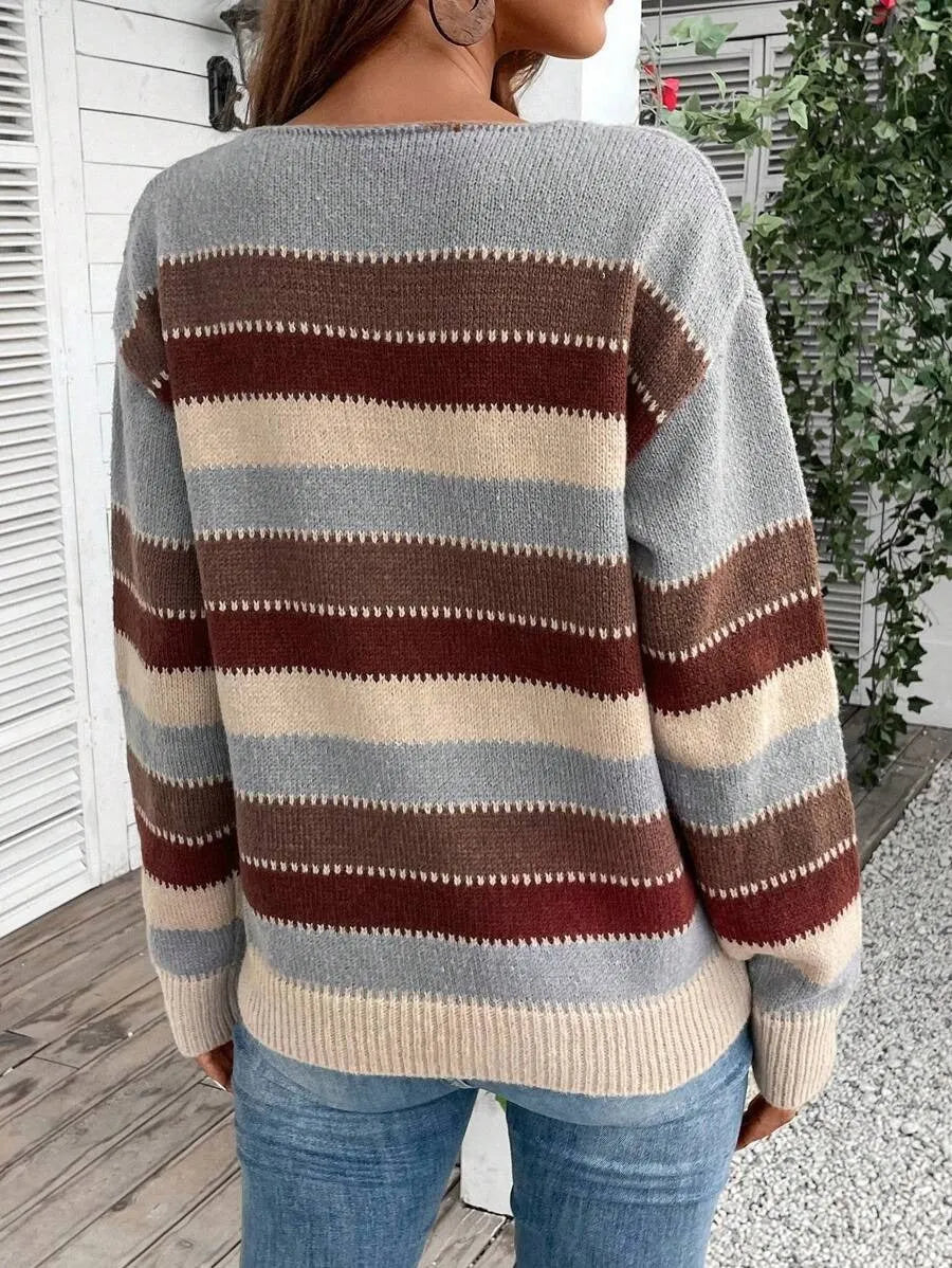 Women's colourblock striped pullover sweater with long sleeves in polyester fabric