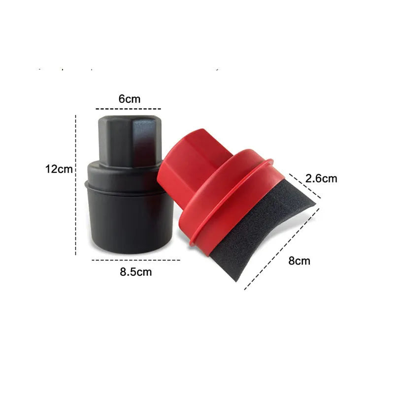 Black and red tire polishing sponge brushes with PP handles and lids on a garage workbench.