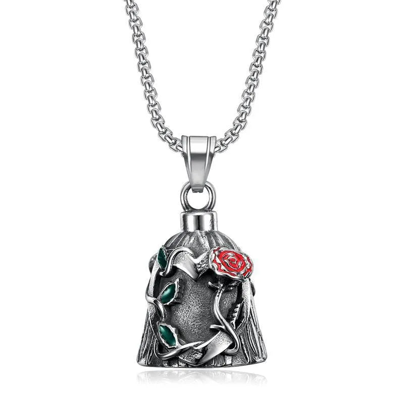 Titanium steel motorcycle lucky bell with polished vintage finish and double-sided epoxy rose design
