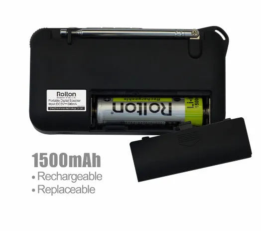 Rolton W405 portable FM radio speaker with MP3 playback in blue colour showing LED display and control buttons