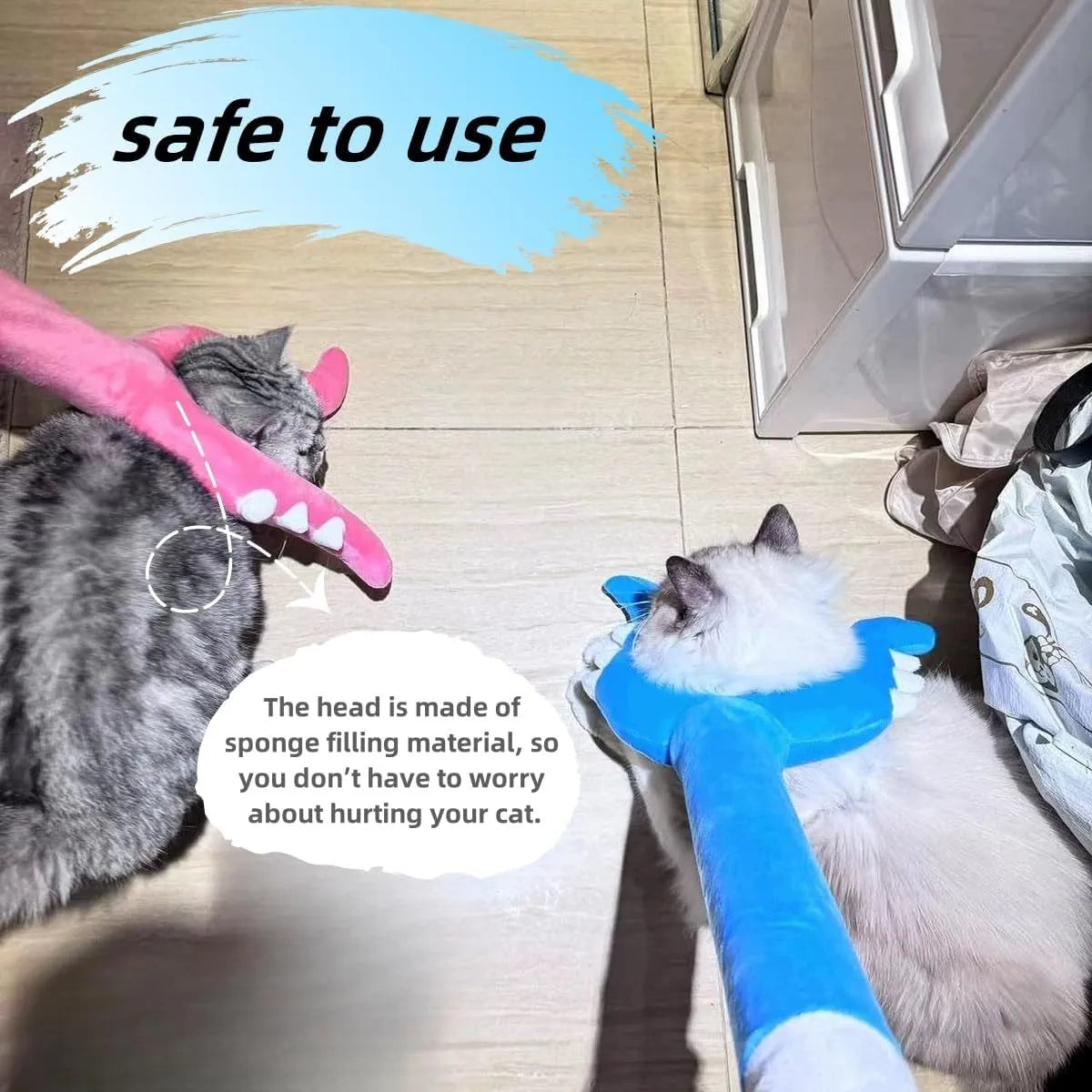 70cm blue plush cat wand toy with foam-filled head for interactive pet play