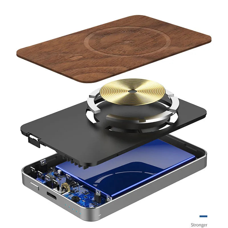 Khaki coloured magnetic wireless charging bank with aluminium alloy shell showing dimensions and USB port