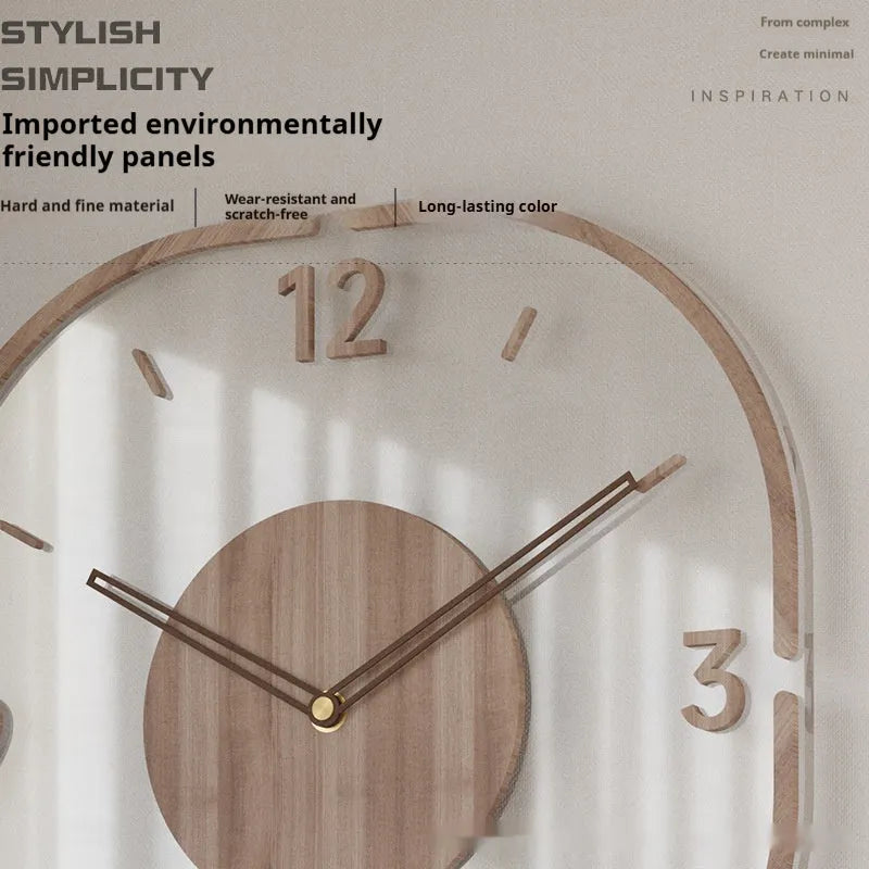 Transparent wooden wall clock with square 35cm dial in modern framed and frameless designs