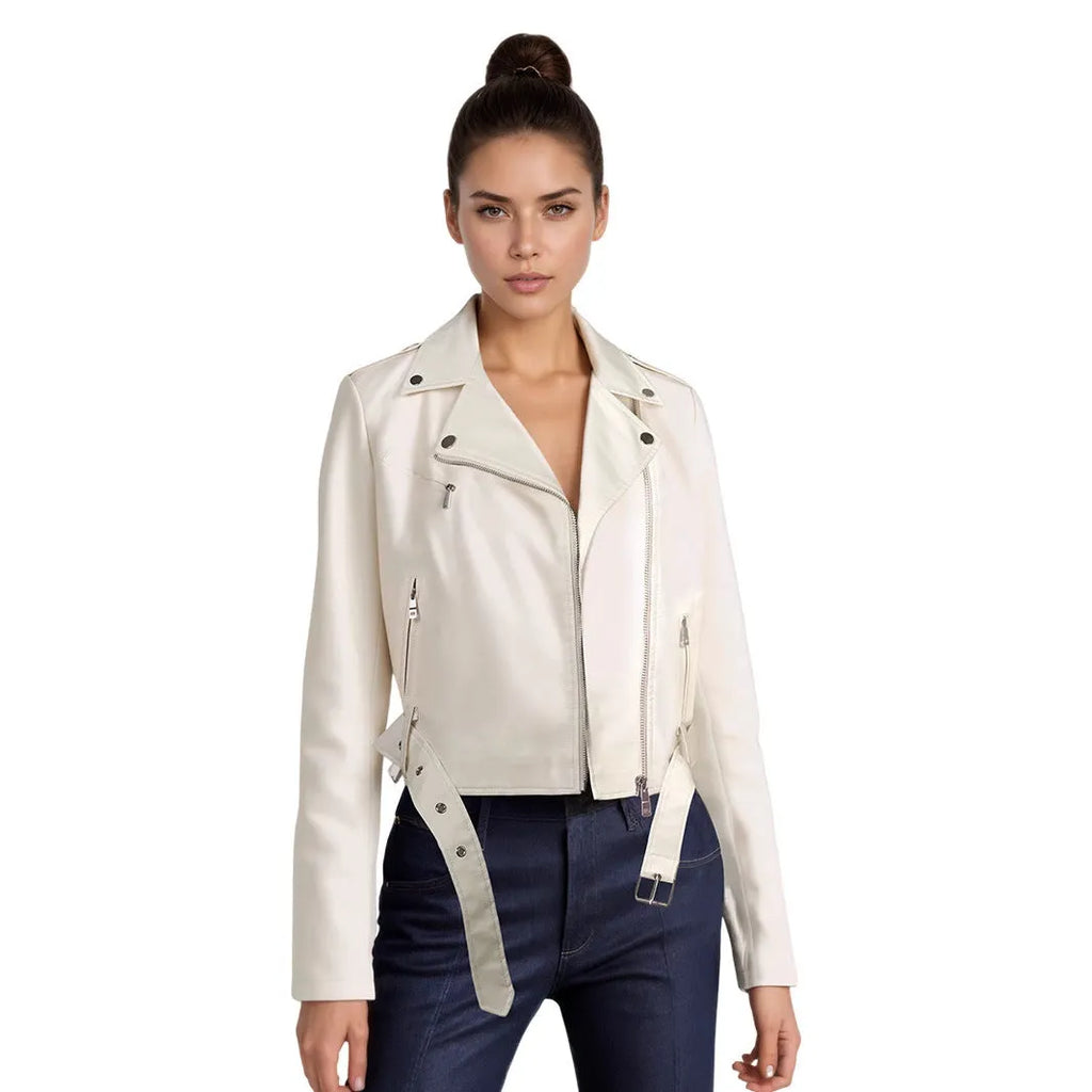 Women's red PU leather motorcycle-style jacket with a lapel collar and waist belt fastened.