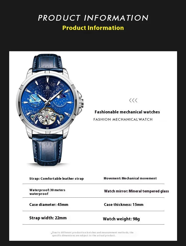 Men's blue automatic mechanical watch with stainless steel case