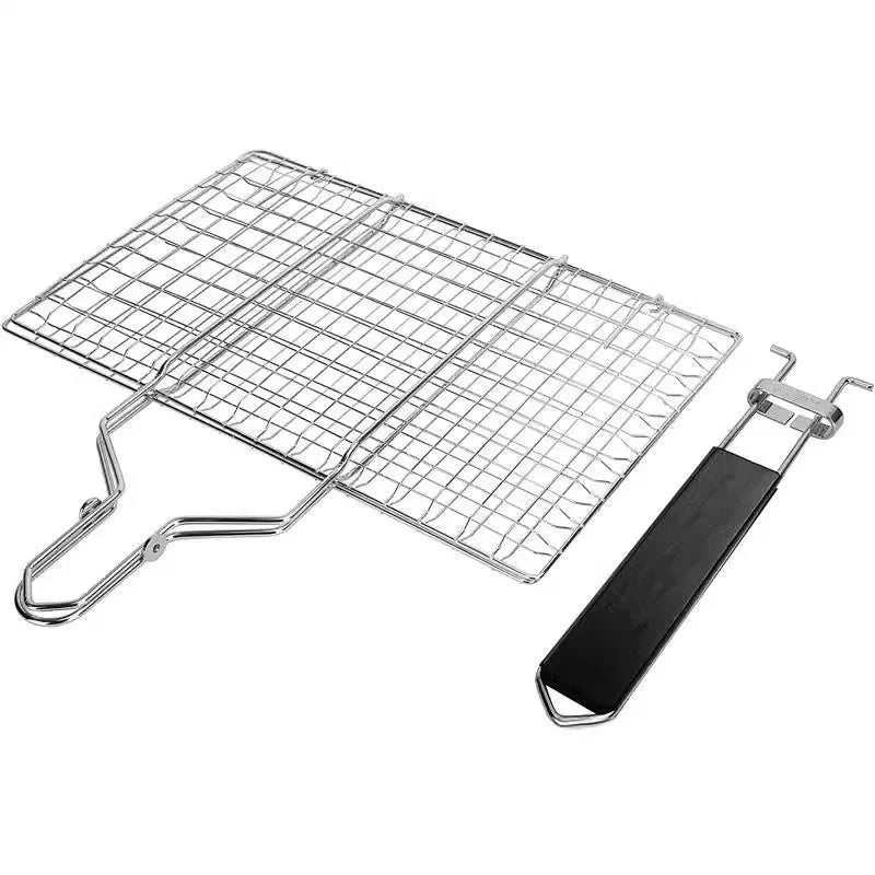 Stainless steel square barbecue mesh basket with folding design and cleaning brush