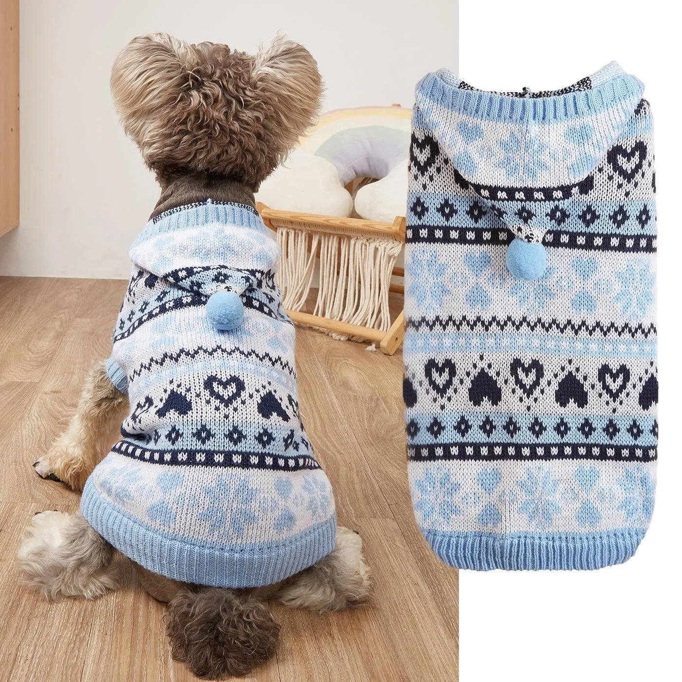 Acrylic knitted dog sweater with snowflake stripe camouflage pattern in pink blue grey colours