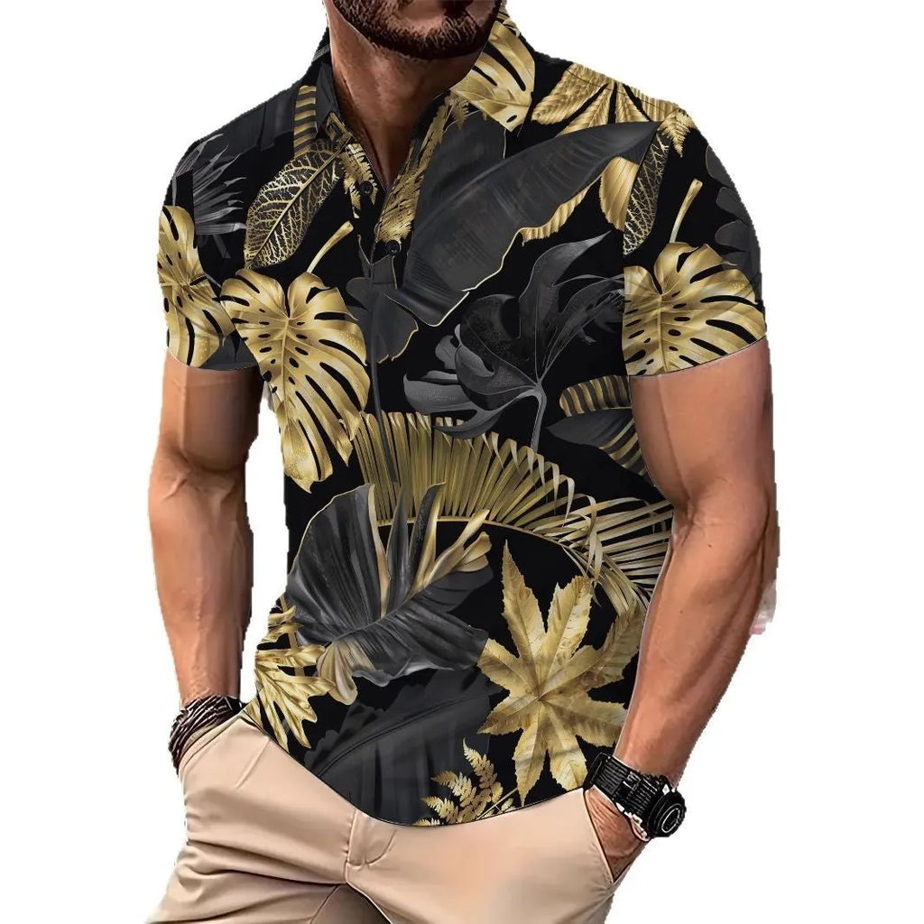 Gold tropical plant pattern men's short sleeve printed shirt in polyester fabric