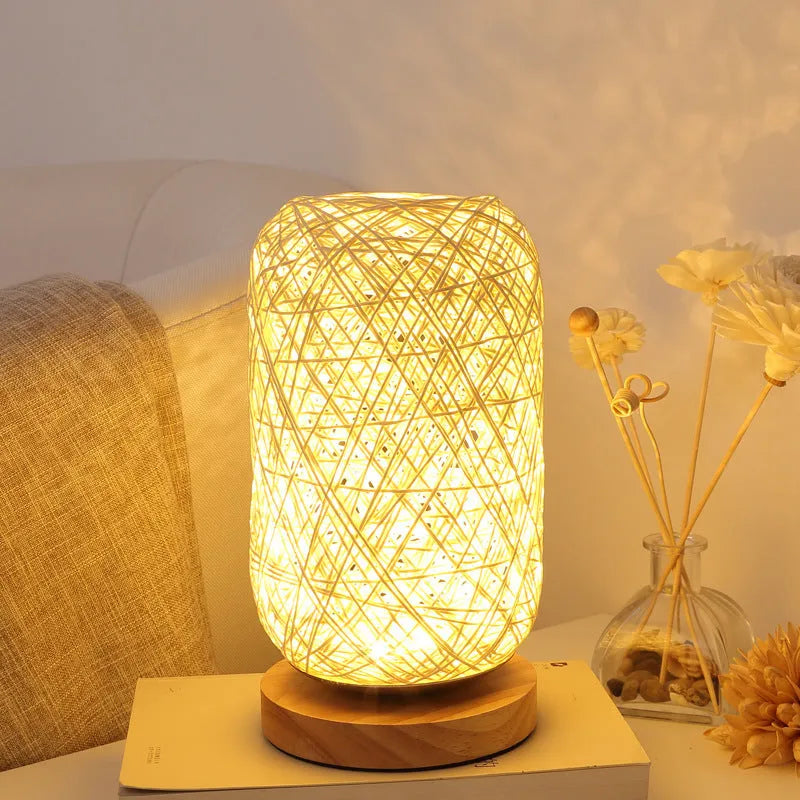 Sepak Takraw hemp rope desk lamp with solid wood base and USB cable