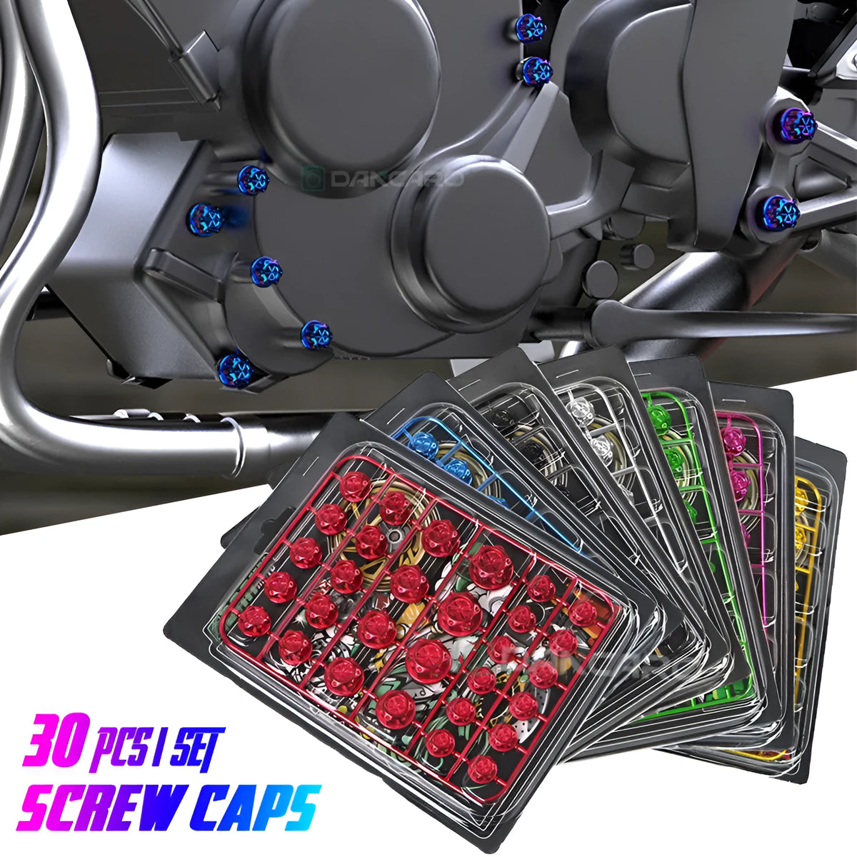 Motorcycle engine screw cover kit with 30 ABS plastic pieces in eight colours including black, red, gold, blue, silver, green, orange, purple