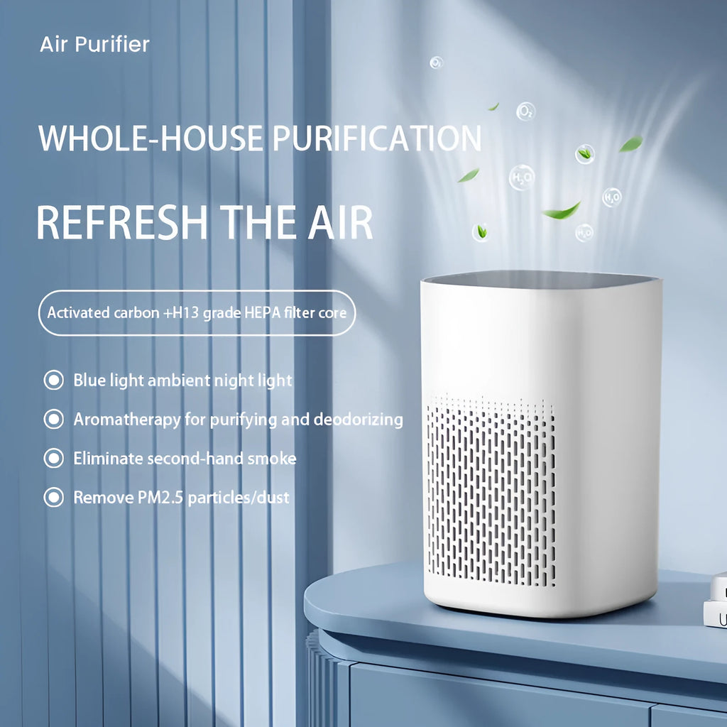 Desktop air purifier with heating panel and USB power cable for small rooms
