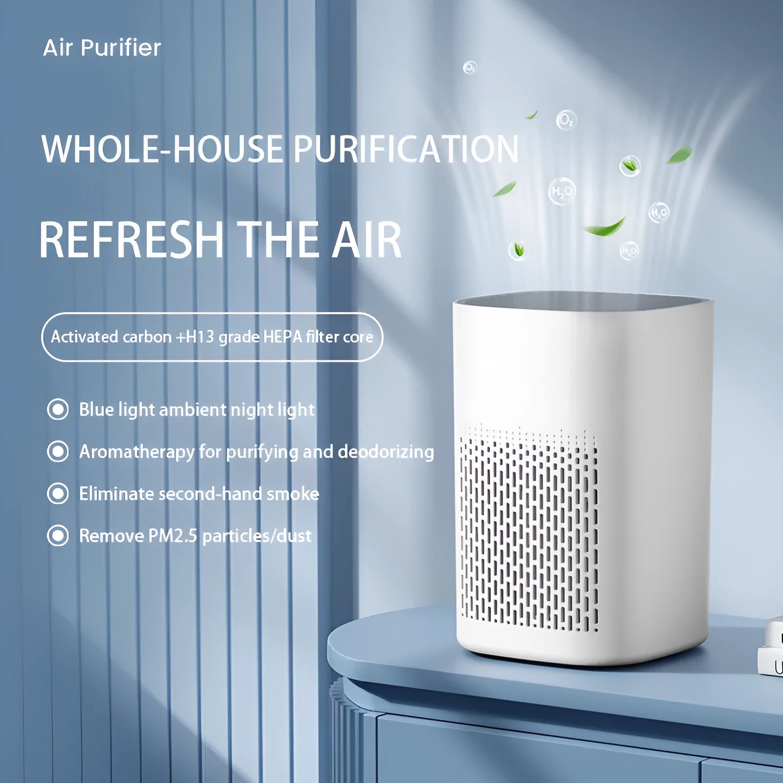 Desktop air purifier with heating panel and USB power cable for small rooms