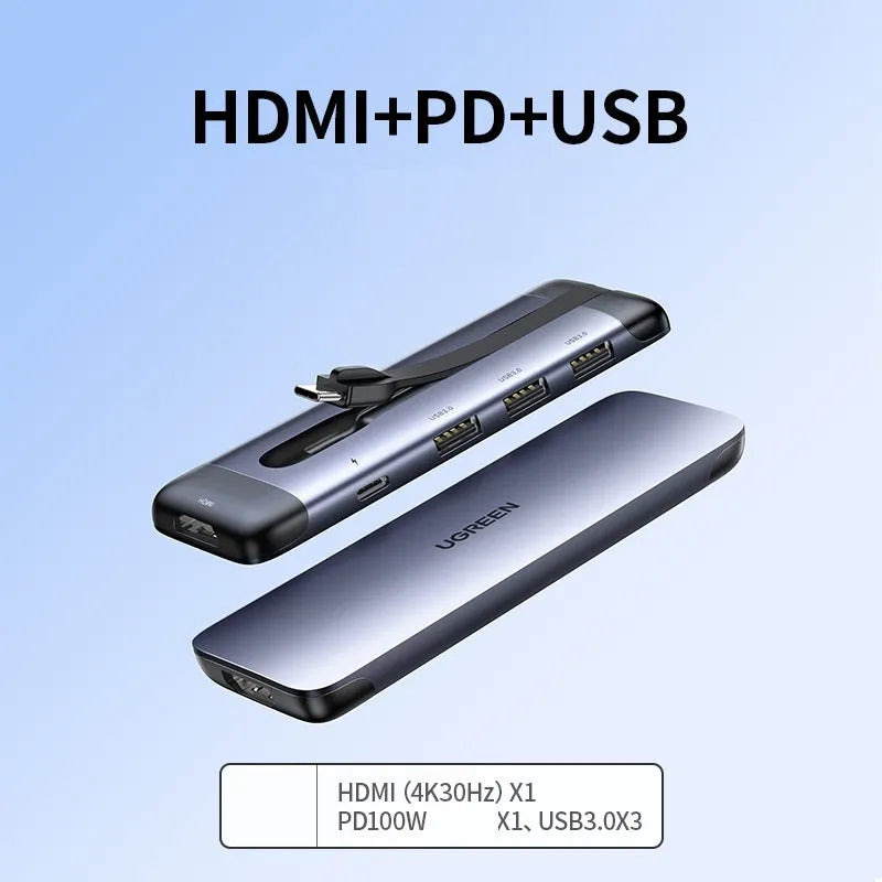 USB-C dock expansion adapter with short cable next to a laptop, showing HDMI, USB, and Ethernet ports.