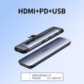 USB-C dock expansion adapter with short cable next to a laptop, showing HDMI, USB, and Ethernet ports.