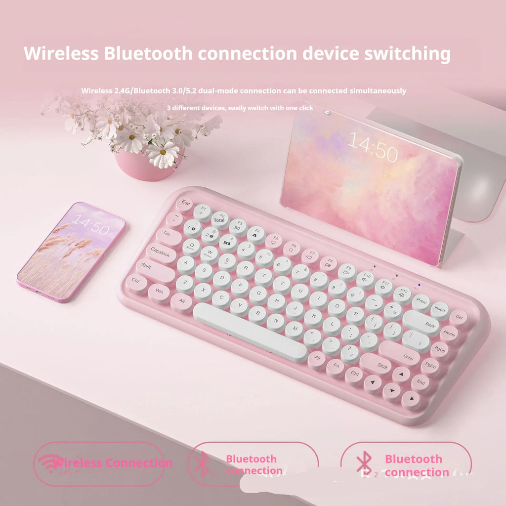 Pink Bluetooth wireless keyboard with 84 keys showing compact design