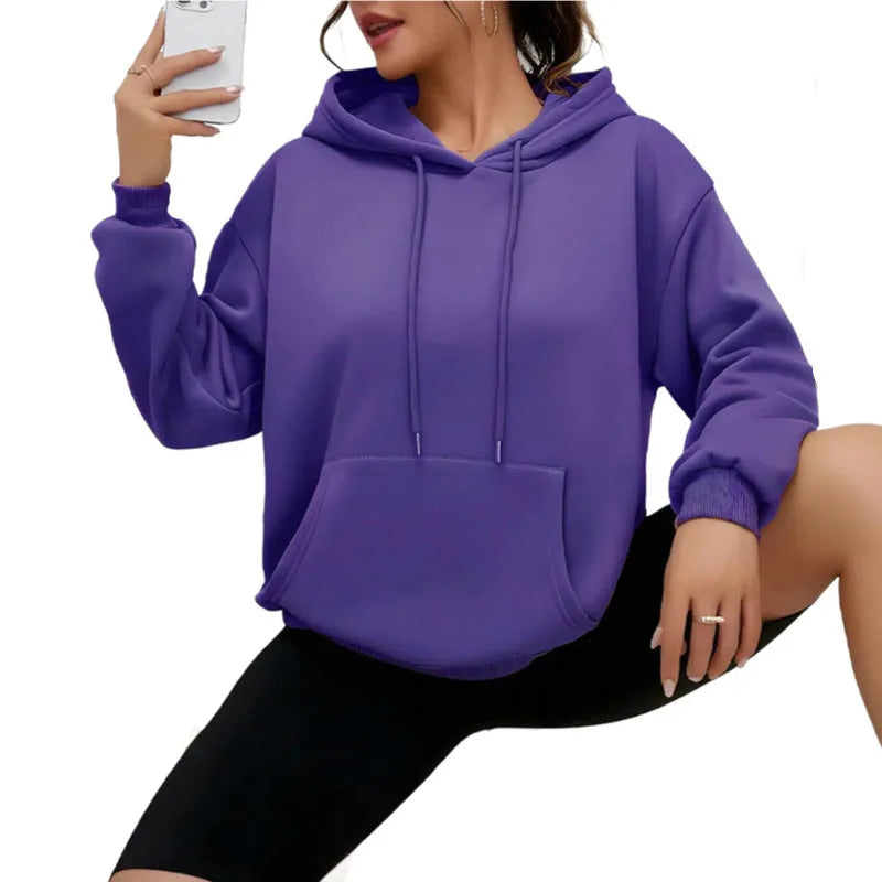 Women's loose fit long sleeve sweatshirt with drawstring and front pocket in multiple colour options