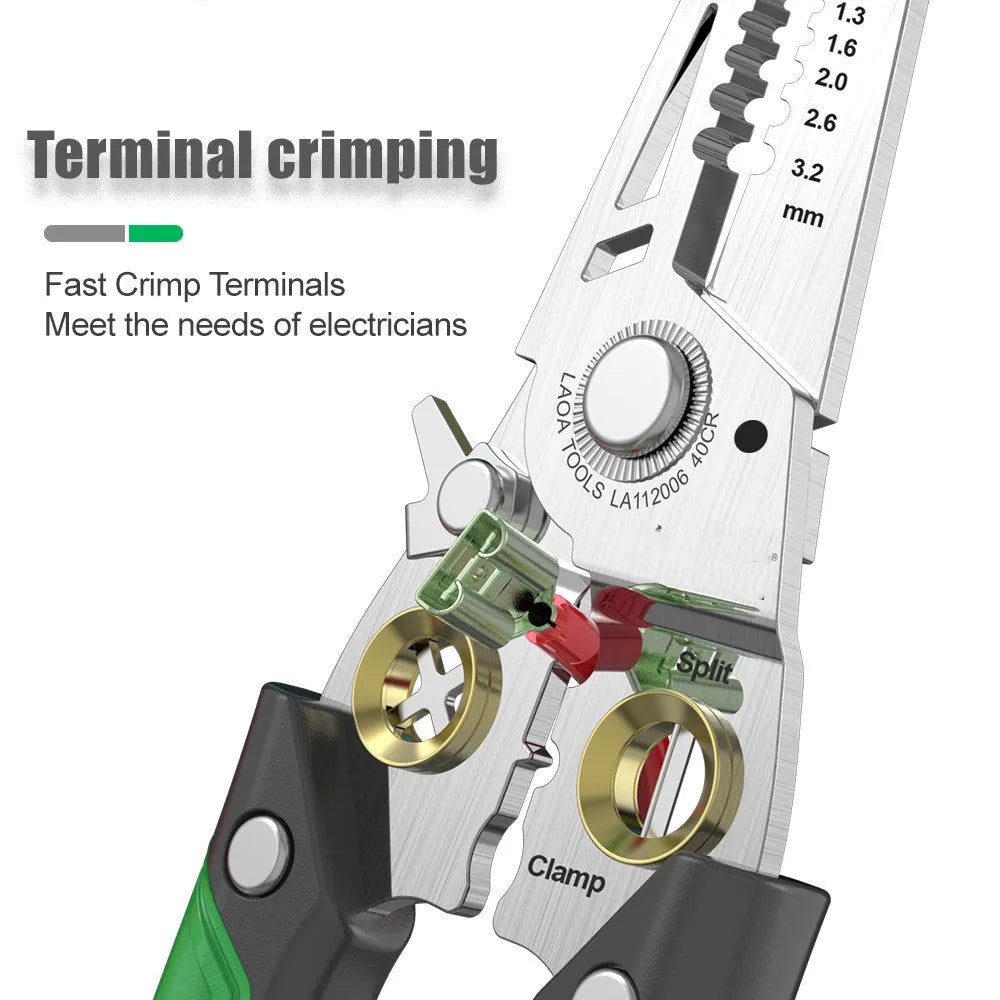 Stainless steel multifunctional wire stripper with two-colour ABS handle, showing seven different wire stripping ports.