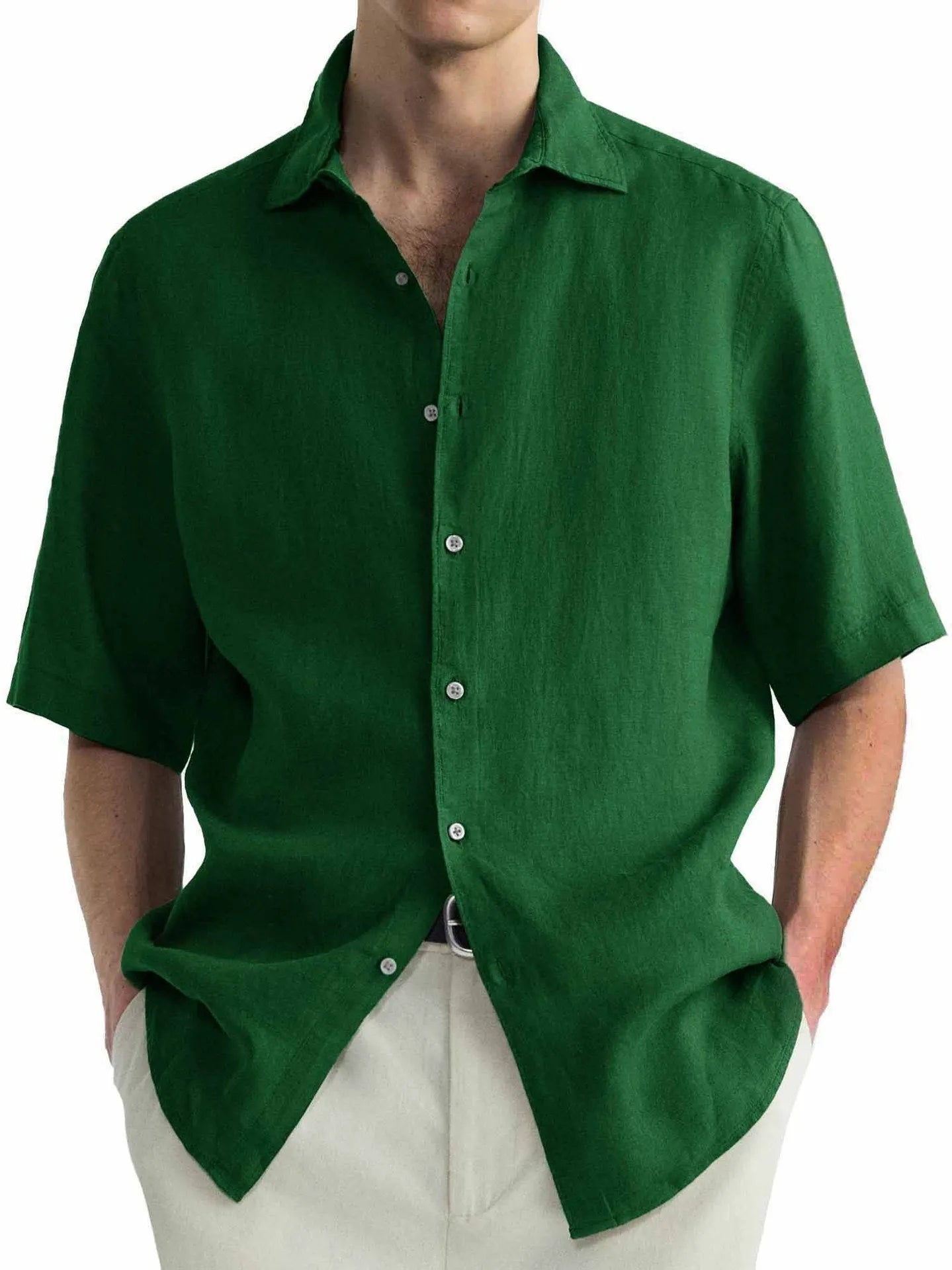 Man wearing a green washed cotton casual shirt with a cardigan style and regular fit