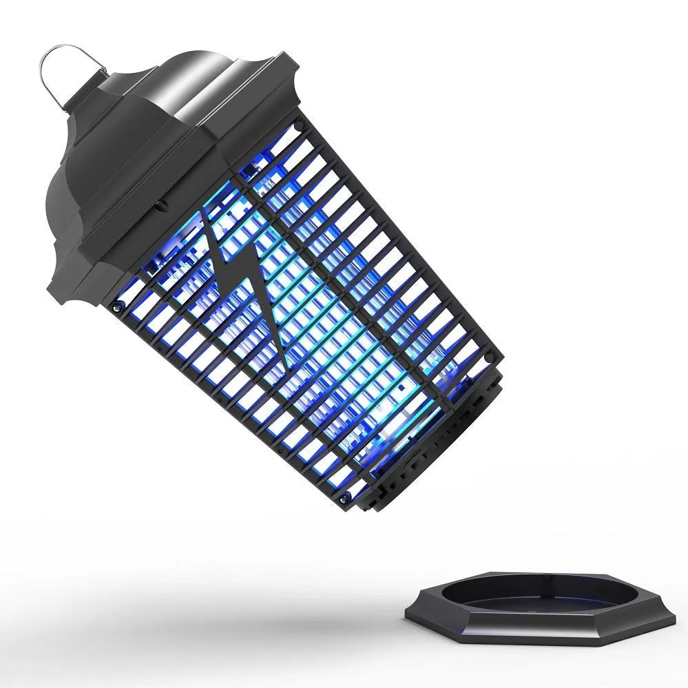 Black outdoor mosquito killer lamp with UV light and electric grid for garden insect control.