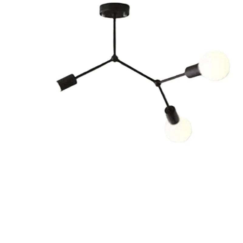 Nordic style iron ceiling chandelier with multiple light arms, in a black finish, mounted on a white ceiling.